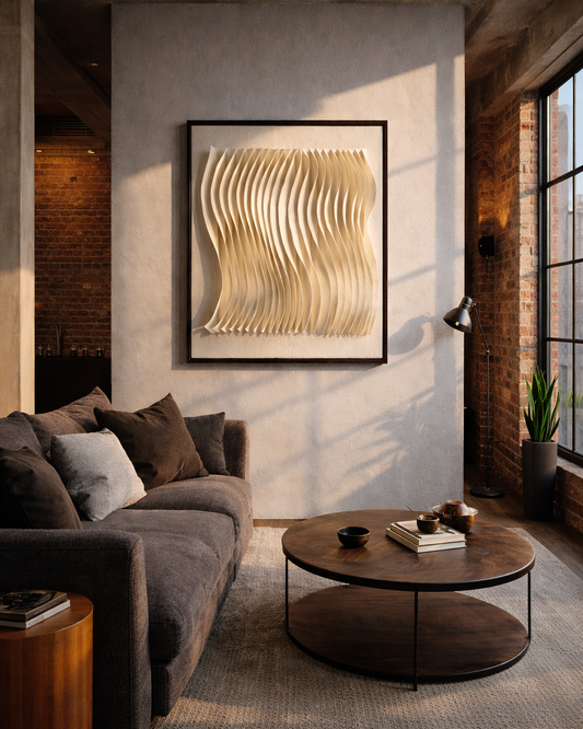 Winter Wave sculptural felted wool wall art displayed in a calm, minimalist interior