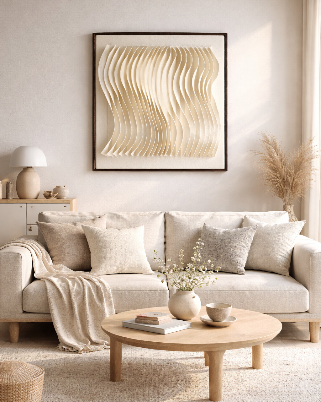 Winter Wave sculptural felted wool wall art displayed in a calm, skandinav or japandi interior