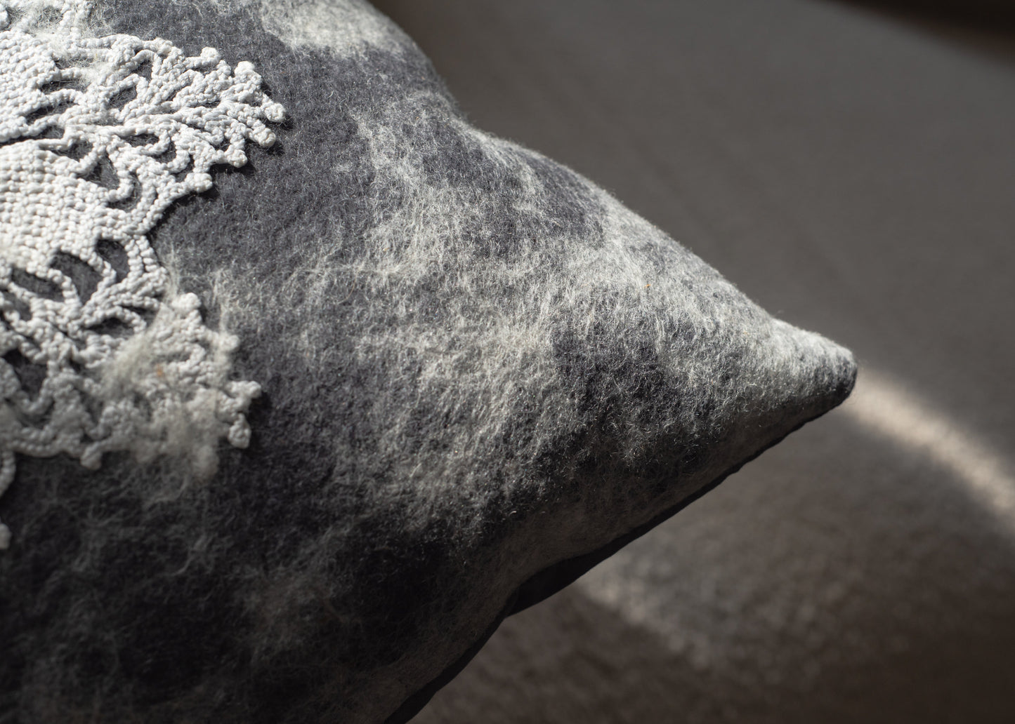Dark grey felt pillow with vintage lace accent - The Tuftista