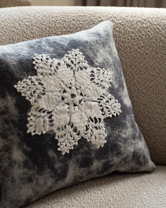  handmade wool cushion with white lace - The Tuftista