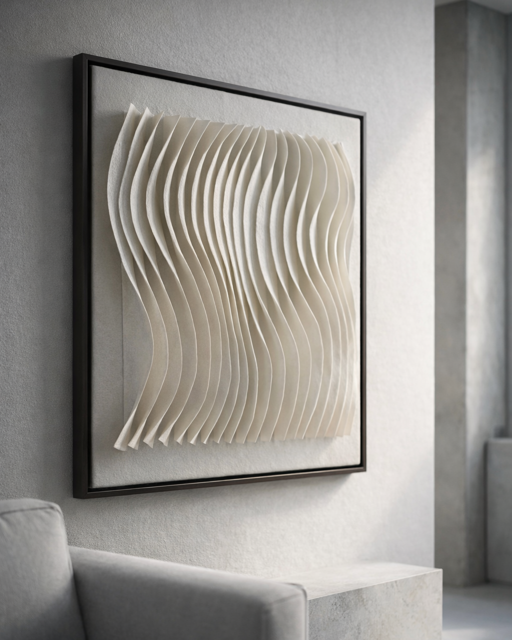 Winter Wave sculptural felted wool wall art displayed in a minimalist interior