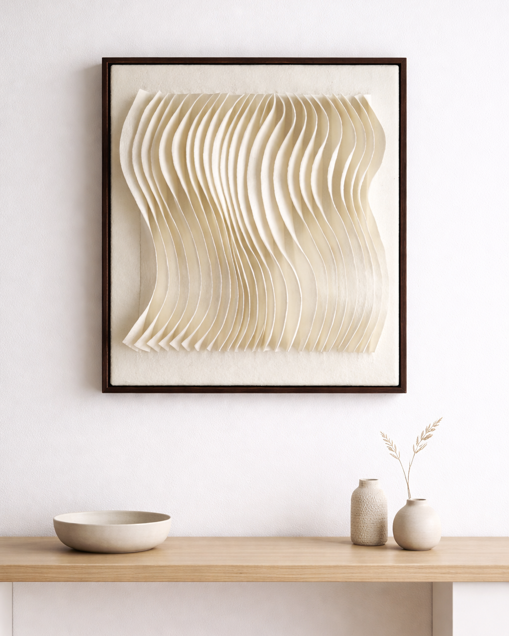 Winter Wave soft sculptural wall art made from hand-felted wool in natural tones