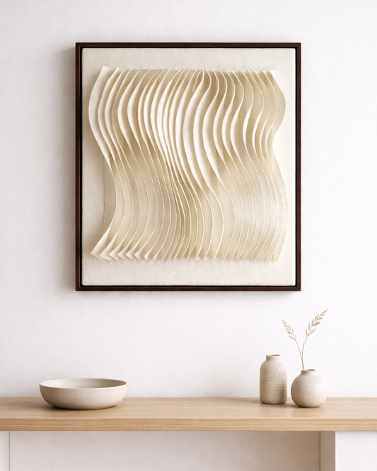 Winter Wave soft sculptural wall art made from hand-felted wool in natural tones